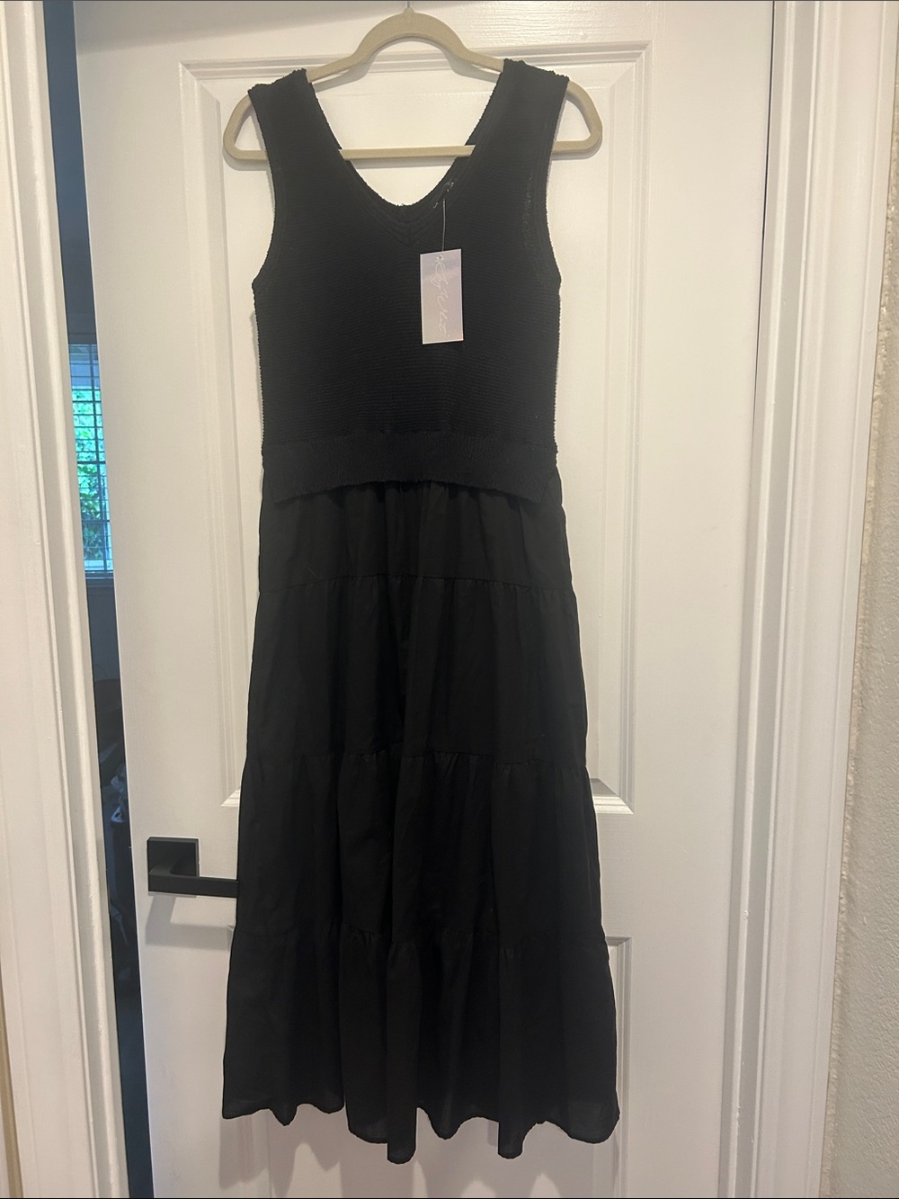 Say What? Black Sleeveless Knit Bodice Tiered Midi Dress